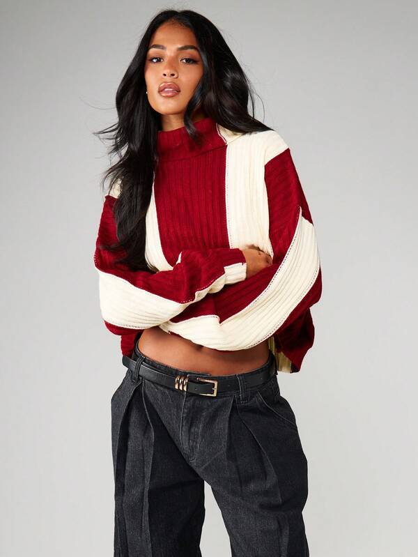 MISSGUIDED Ribbed Turtleneck Color Block Balloon Sleeve Sweater