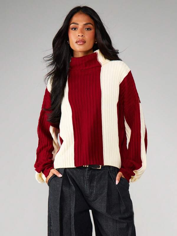 MISSGUIDED Ribbed Turtleneck Color Block Balloon Sleeve Sweater