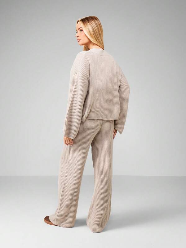 MISSGUIDED Ribbed V-Neck Cardigan With Wide Leg Pants