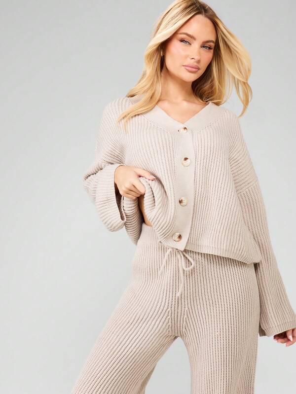 MISSGUIDED Ribbed V-Neck Cardigan With Wide Leg Pants