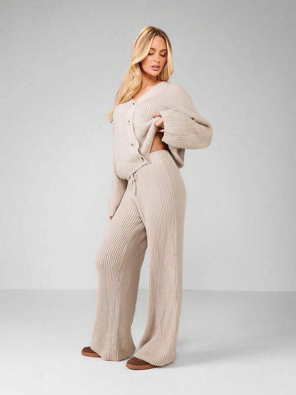 MISSGUIDED Ribbed V-Neck Cardigan With Wide Leg Pants