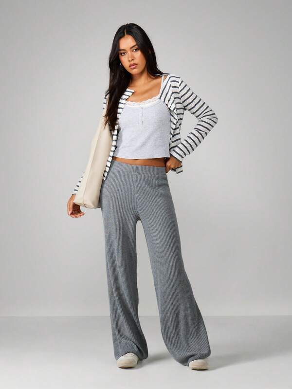 MISSGUIDED Ribbed Wide Leg Palazzo Pants