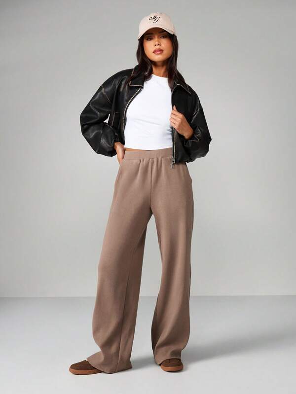 MISSGUIDED Ribbed Wide Leg Palazzo Pants