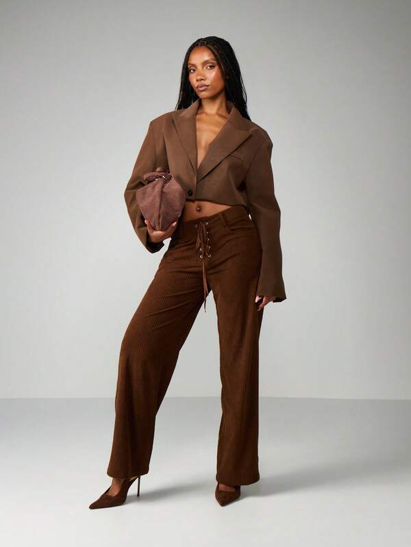 MISSGUIDED Ribbed Wide Leg Pants With Lace Up Detail