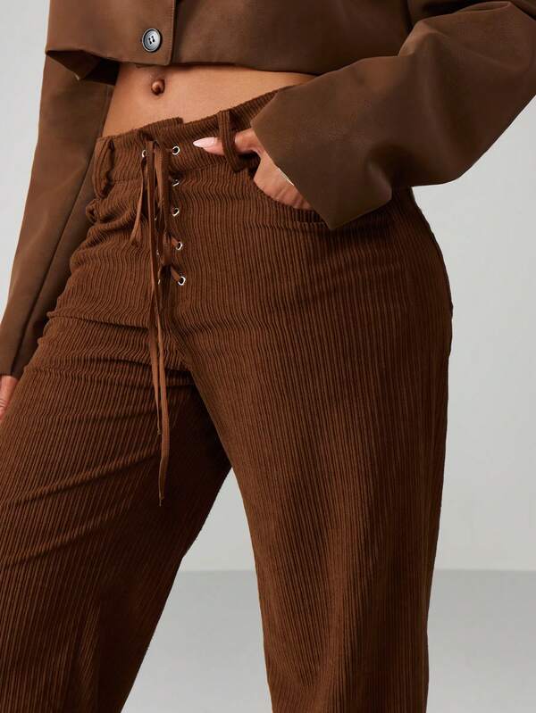 MISSGUIDED Ribbed Wide Leg Pants With Lace Up Detail