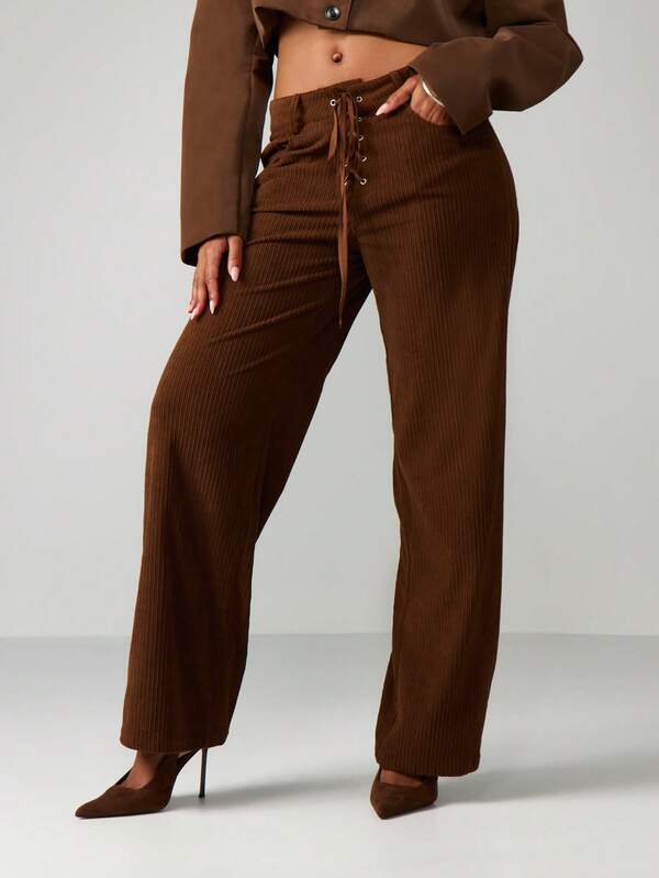 MISSGUIDED Ribbed Wide Leg Pants With Lace Up Detail