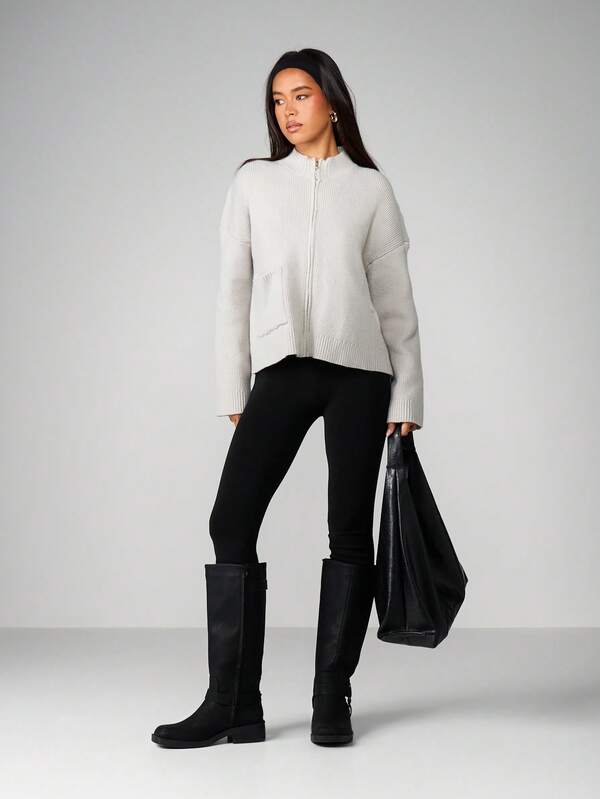 MISSGUIDED Ribbed Zip Cardigan With Stand Collar