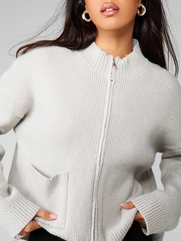 MISSGUIDED Ribbed Zip Cardigan With Stand Collar