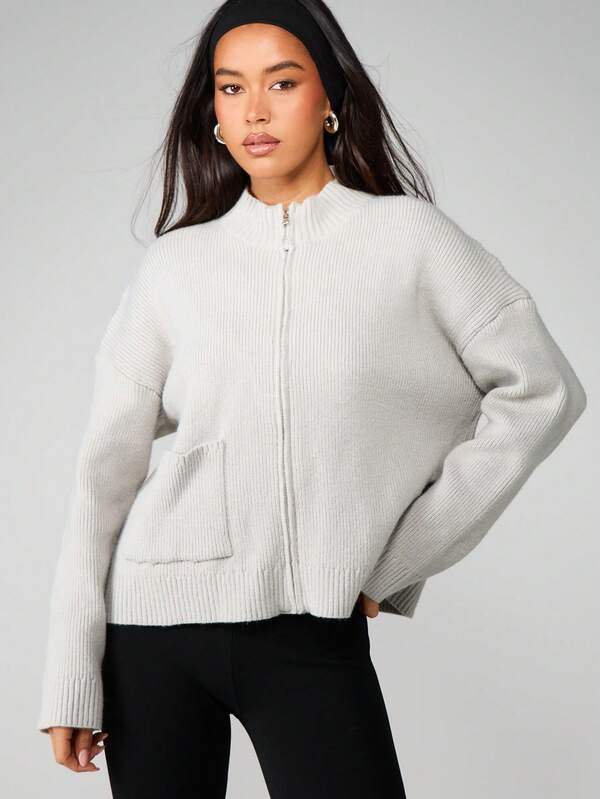 MISSGUIDED Ribbed Zip Cardigan With Stand Collar