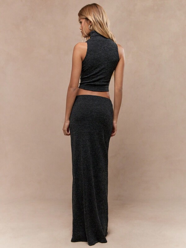 MISSGUIDED Roll Neck Knitted Co Ord With Crop Top And Maxi Skirt