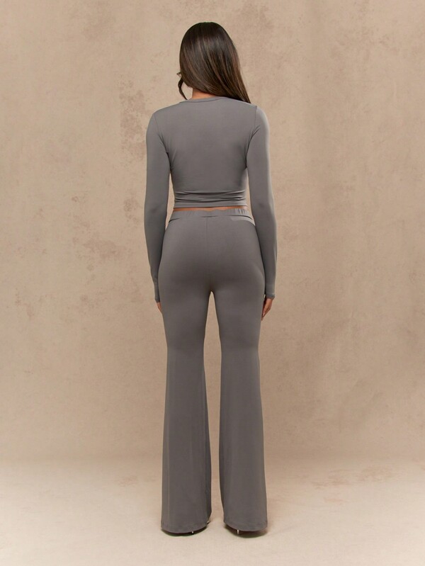MISSGUIDED Round Neck Long Sleeves Crop Fitted Top And Flare Hem Pants Two Piece Co-Ord Set