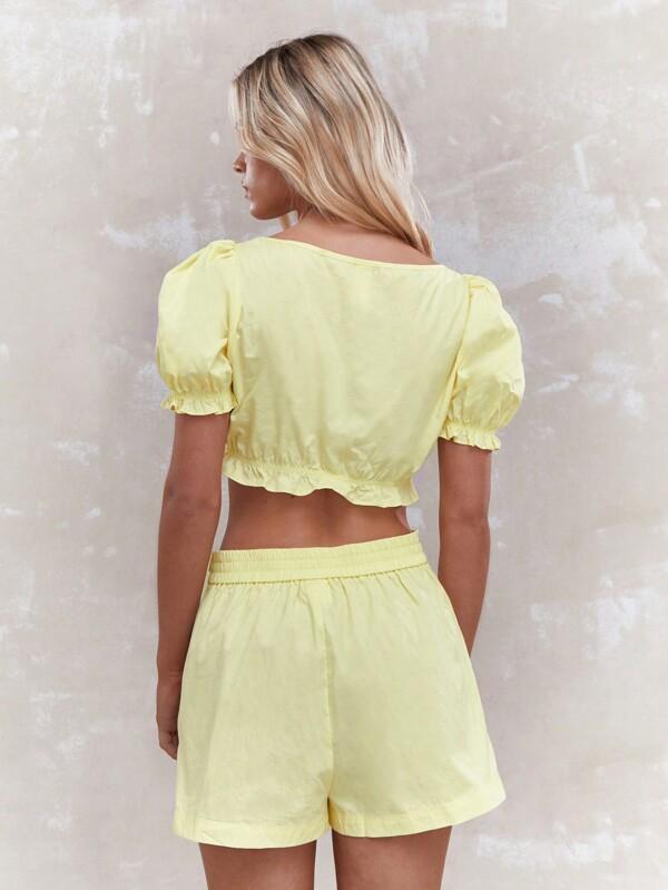 MISSGUIDED Ruched Balloon Sleeves Crop Top And Pleated Shorts Co-Ord Set