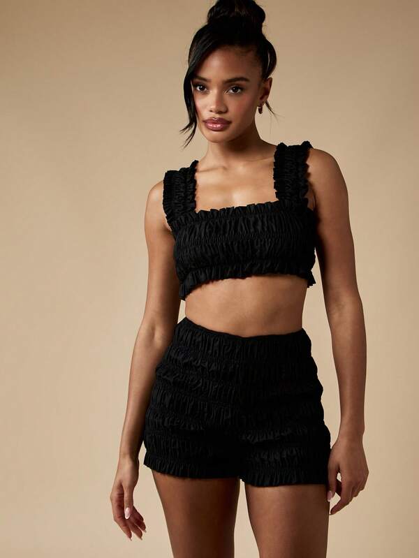 MISSGUIDED Ruched Bardot Crop Top Mini Booty Short Matching Two Piece Set