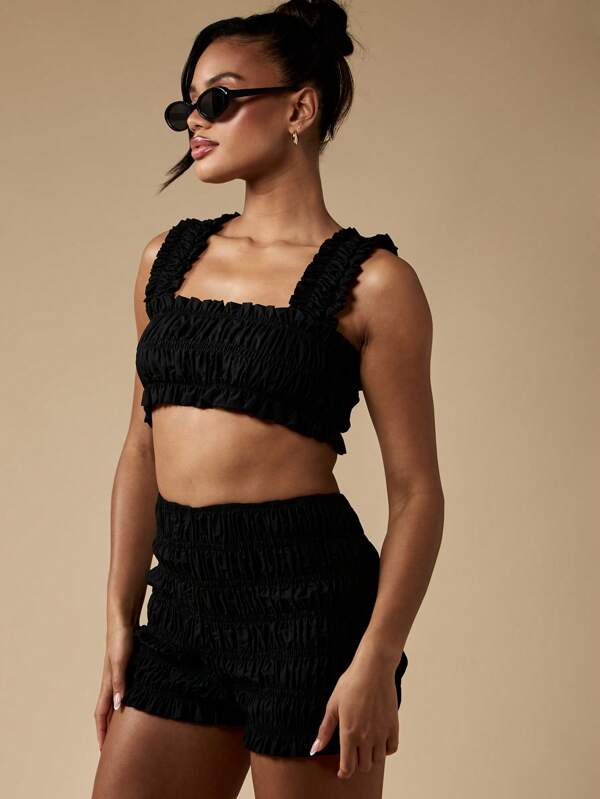 MISSGUIDED Ruched Bardot Crop Top Mini Booty Short Matching Two Piece Set