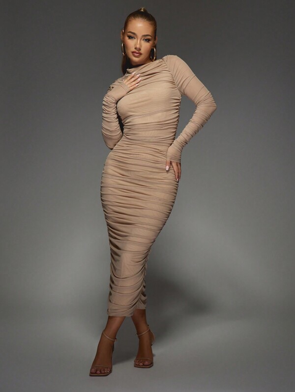 MISSGUIDED Ruched Bodycon Midi Dress With Draped Neckline