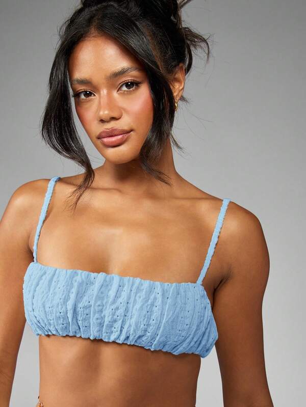 MISSGUIDED Ruched Broderie Anglaise Puffball Shorts Co Ord With Bandeau Top