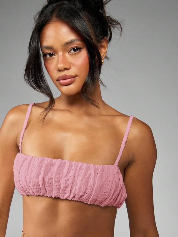 MISSGUIDED Ruched Broderie Anglaise Puffball Shorts Co Ord With Bandeau Top