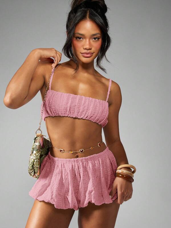 MISSGUIDED Ruched Broderie Anglaise Puffball Shorts Co Ord With Bandeau Top