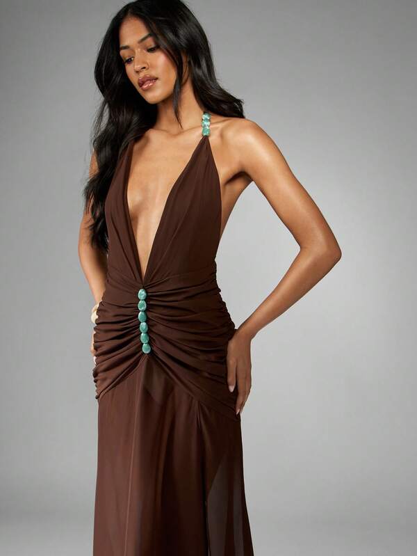 MISSGUIDED Ruched Chiffon Stone Detail Maxi Dress