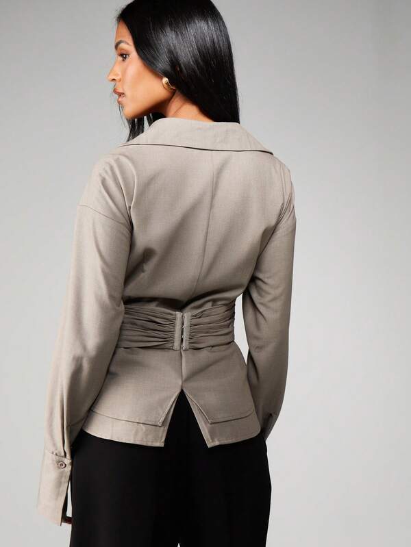 MISSGUIDED Ruched Cross Over Collared Blouse With Belt