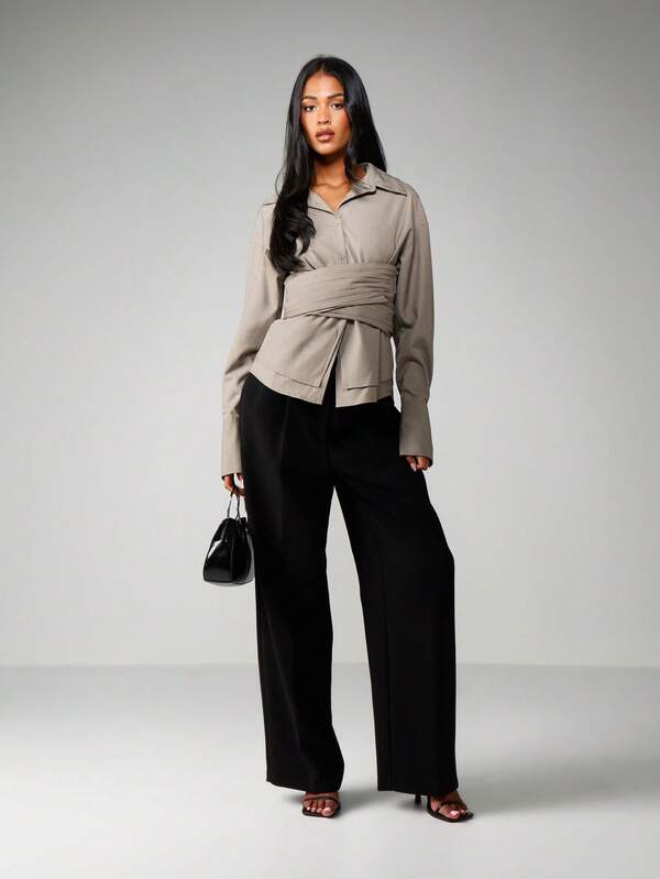 MISSGUIDED Ruched Cross Over Collared Blouse With Belt