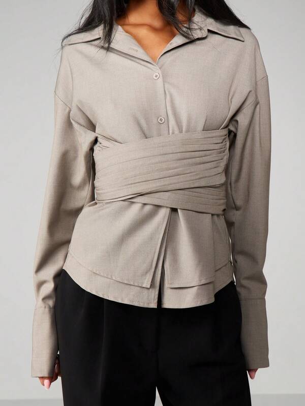 MISSGUIDED Ruched Cross Over Collared Blouse With Belt