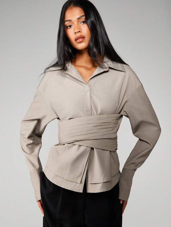 MISSGUIDED Ruched Cross Over Collared Blouse With Belt