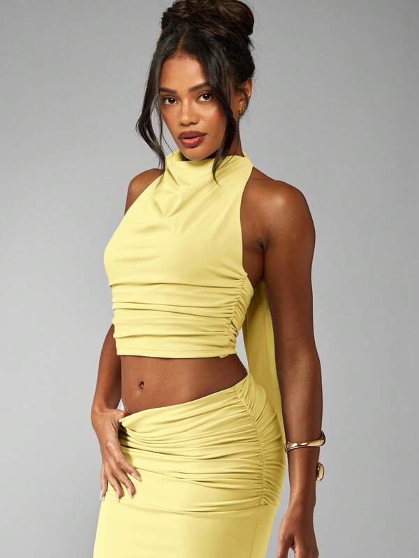 MISSGUIDED Ruched Halter Top With Floor Length Maxi Skirt