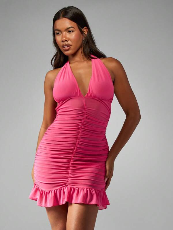 MISSGUIDED Ruched Mesh Halter Neck Bodycon Flounce Hem Mini Dress
