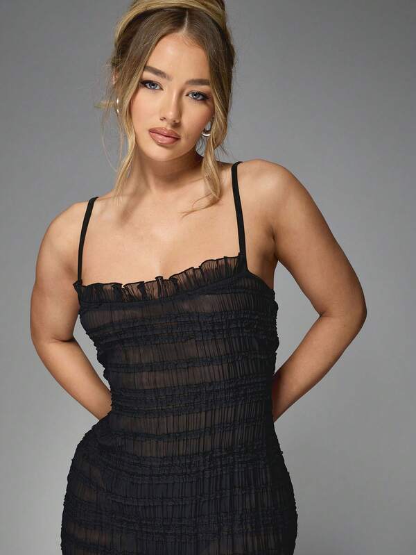 MISSGUIDED Ruched Sheer Mini Dress With Spaghetti Straps