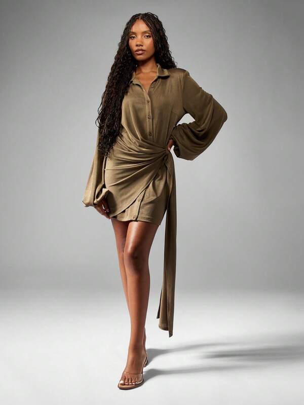 MISSGUIDED Ruched Side Wrap Button Down Mini Dress