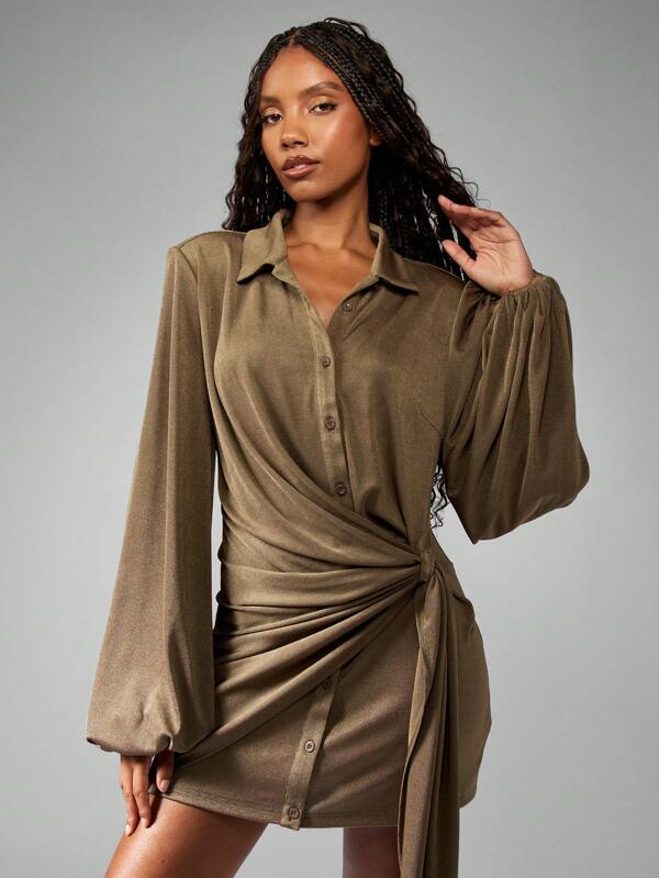 MISSGUIDED Ruched Side Wrap Button Down Mini Dress