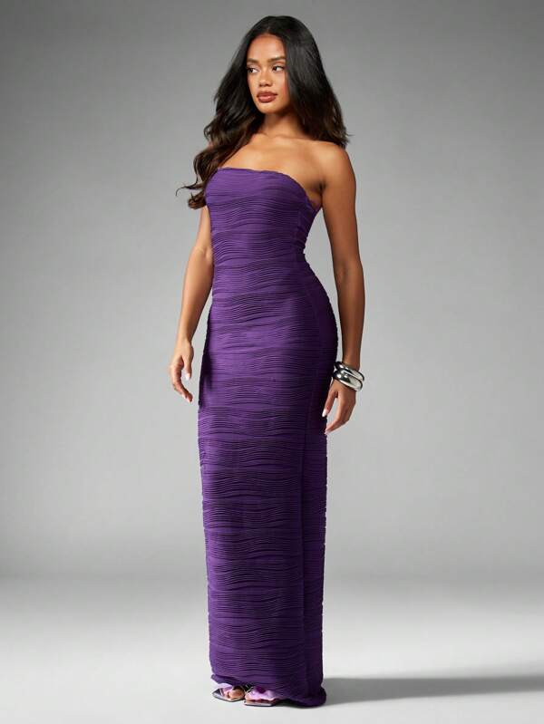 MISSGUIDED Ruched Strapless Bandeau Pleated Bodycon Full Length Maxi Dress