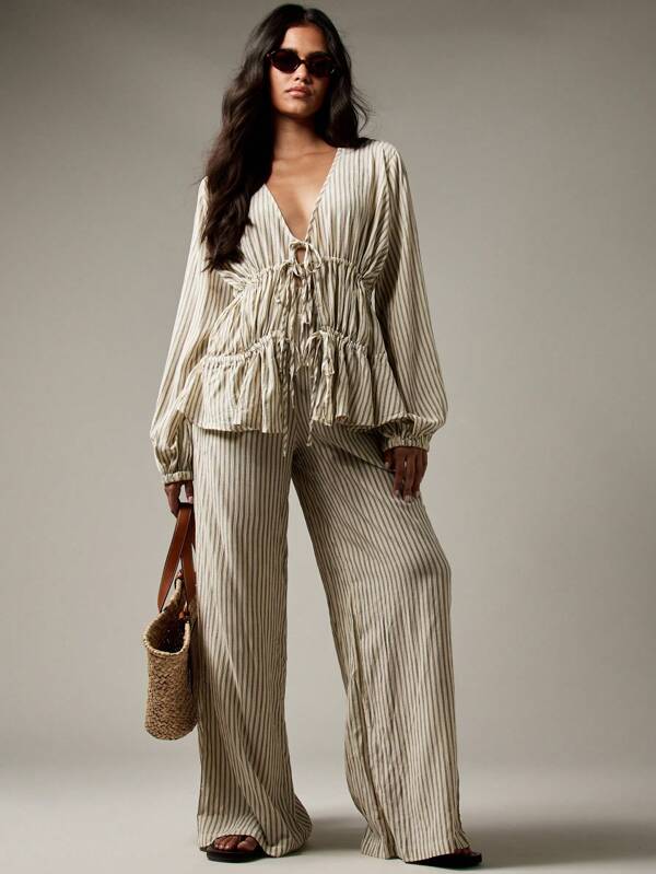 MISSGUIDED Ruched Two Piece Set With Balloon Sleeves And Wide Leg Pants