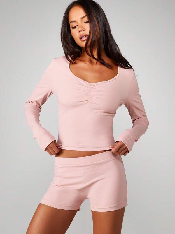 MISSGUIDED Ruched V Neck Long Sleeve Lounge Set