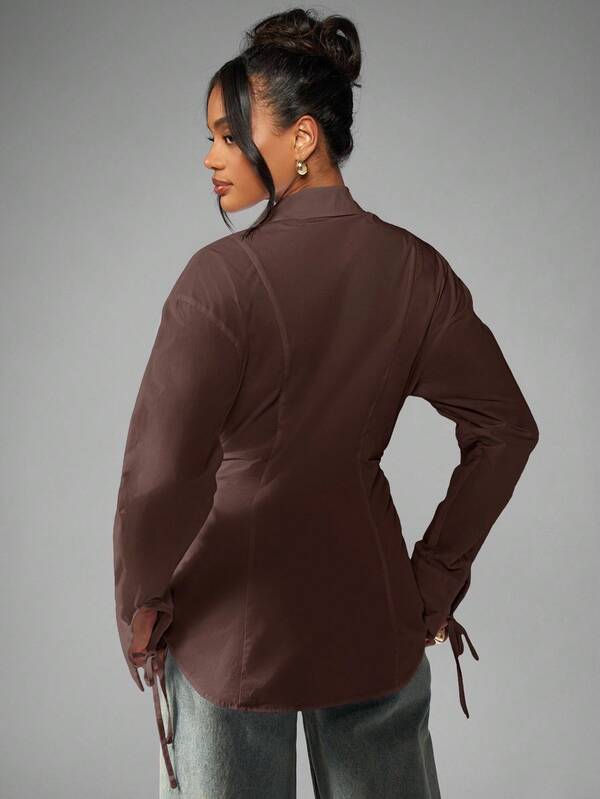 MISSGUIDED Ruched Waist Button Down Shirt With Tie Cuffs