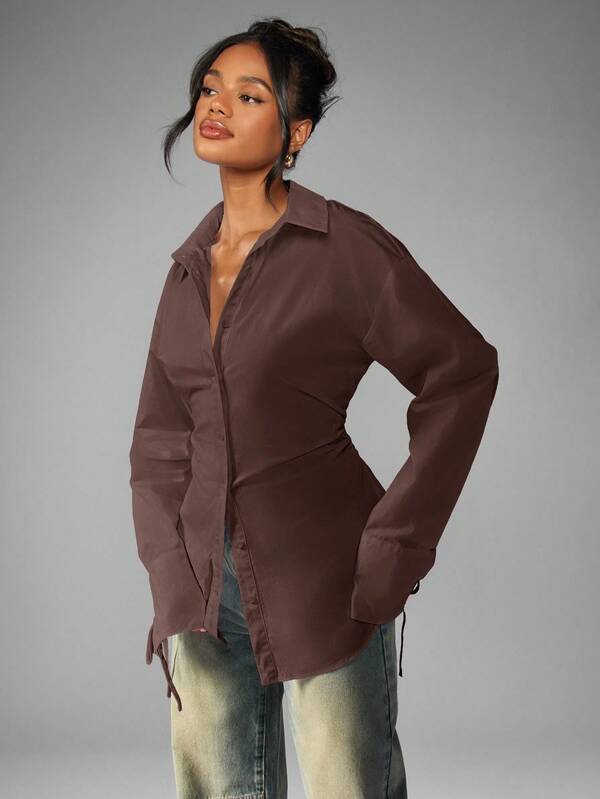 MISSGUIDED Ruched Waist Button Down Shirt With Tie Cuffs