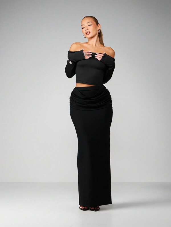 MISSGUIDED Ruched Waist Maxi Skirt With Draped Detail