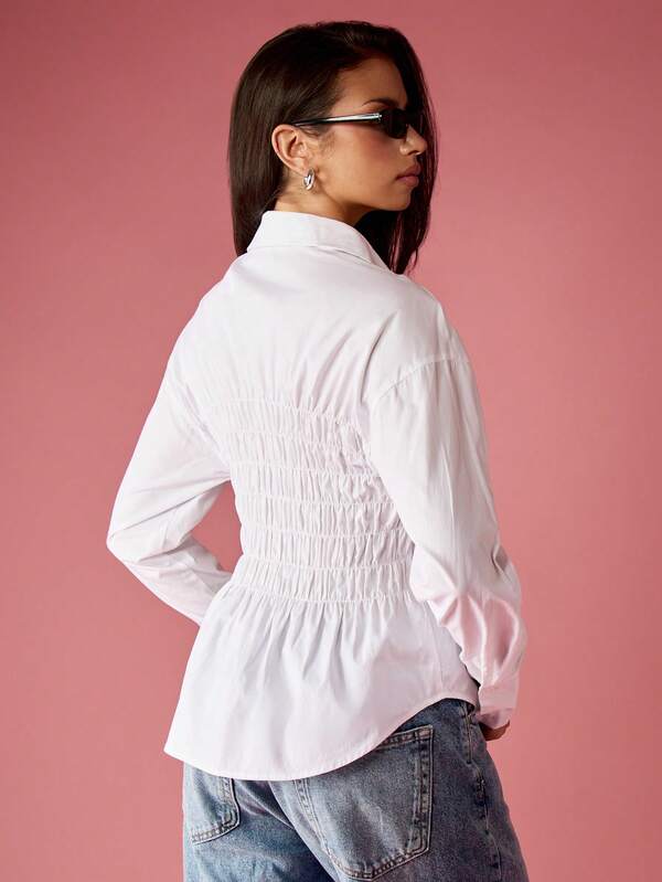 MISSGUIDED Ruched White Button Down Collared Shirt With Fitted Waist
