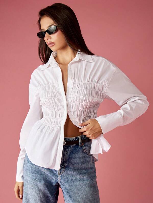 MISSGUIDED Ruched White Button Down Collared Shirt With Fitted Waist