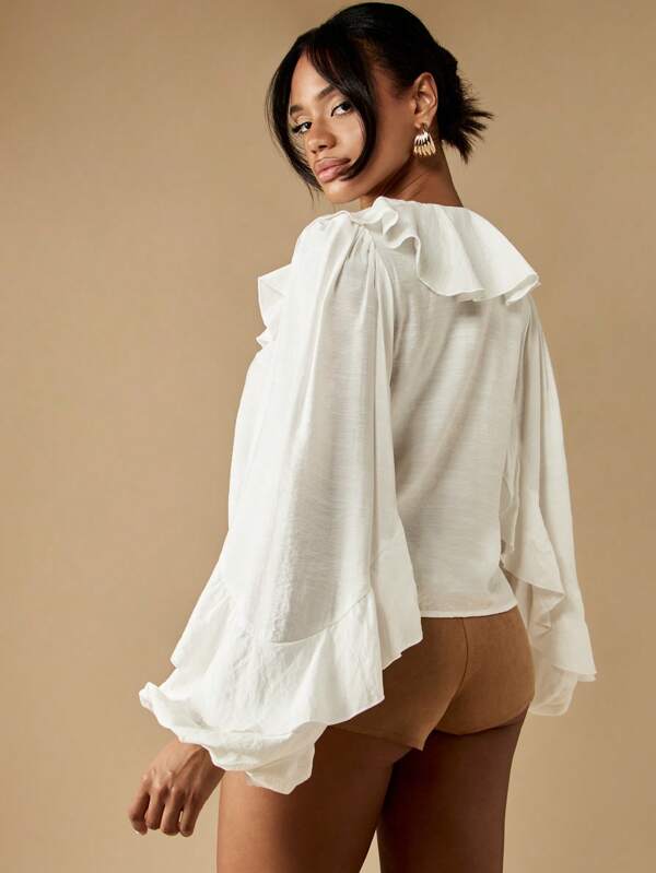 MISSGUIDED Ruffle Blouse With Puff Sleeves And Front Tie Detail
