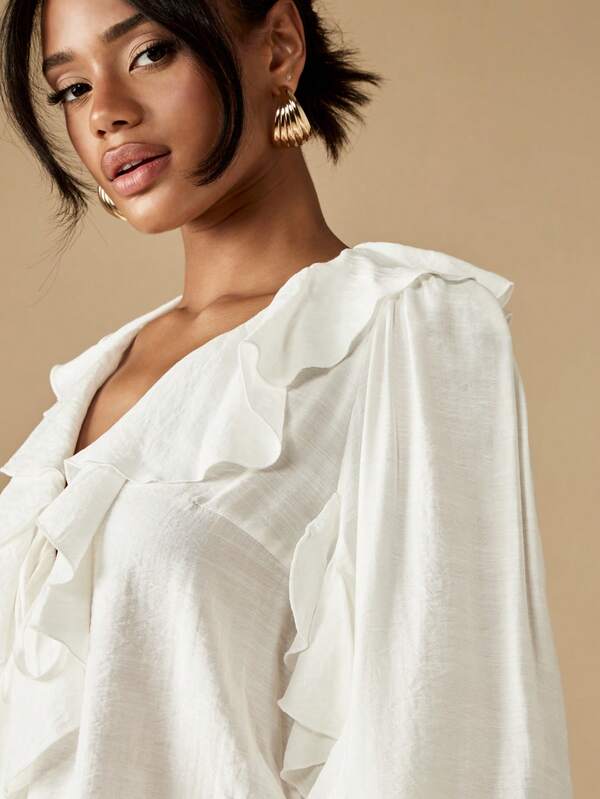 MISSGUIDED Ruffle Blouse With Puff Sleeves And Front Tie Detail