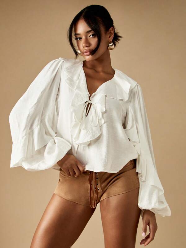 MISSGUIDED Ruffle Blouse With Puff Sleeves And Front Tie Detail