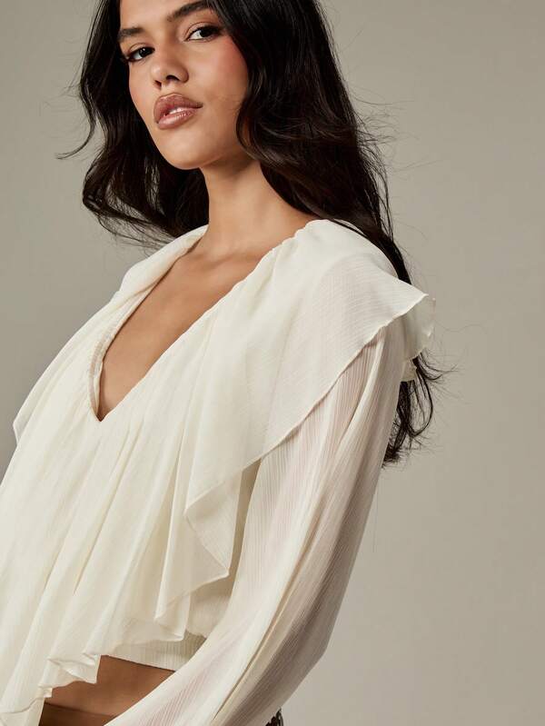 MISSGUIDED Ruffle Chiffon Blouse With Draped V Neck