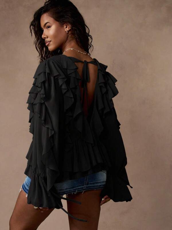 MISSGUIDED Ruffle Chiffon Blouse With Tie Front Design
