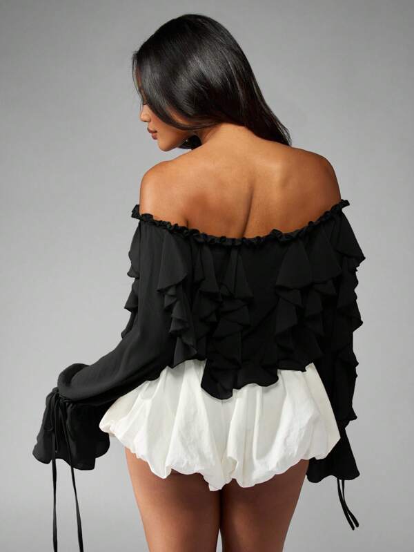MISSGUIDED Ruffle Chiffon Bodysuit With Bell Sleeves And Bubble Hem