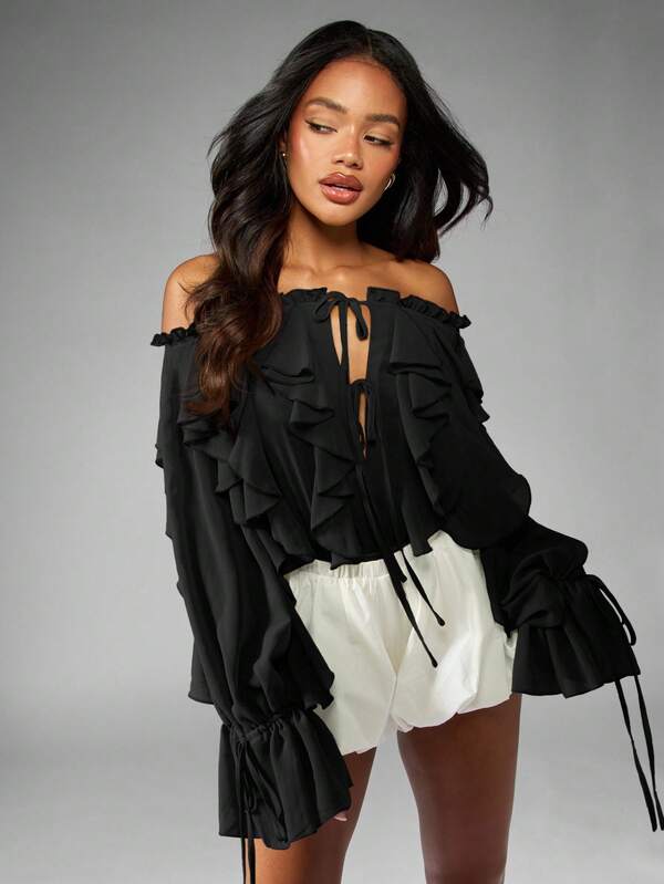 MISSGUIDED Ruffle Chiffon Bodysuit With Bell Sleeves And Bubble Hem
