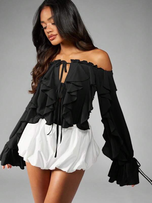 MISSGUIDED Ruffle Chiffon Bodysuit With Bell Sleeves And Bubble Hem