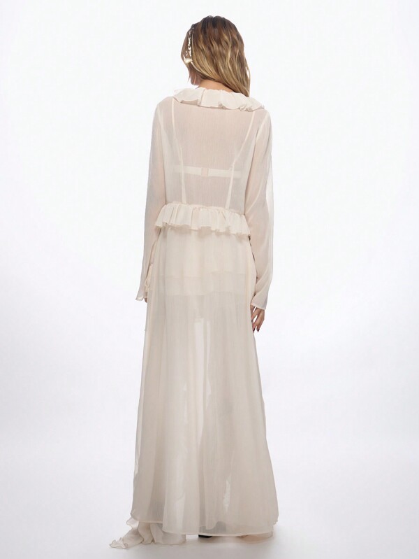 MISSGUIDED Ruffle Chiffon Long Sleeve Tie Front Crop Blouse