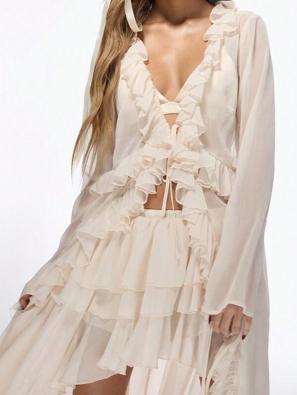 MISSGUIDED Ruffle Chiffon Long Sleeve Tie Front Crop Blouse
